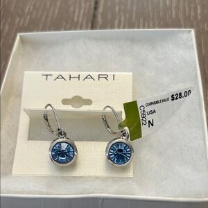 NWT Tahari Silver Tone w/Blue Cut Crystals Drop Earrings